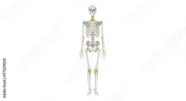 Fototapeta A 2D illustration of a human skeleton with highlighted joints on a white background.