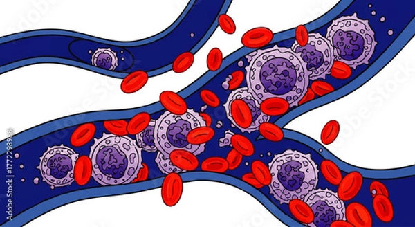 Fototapeta 2D illustration of red blood cells and white blood cells flowing through a blue vein on a white background.