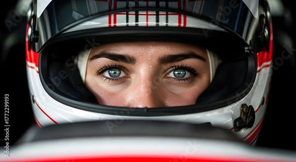 Obraz The female race car driver is focused, ready to start and win the race as she sits inside the car during the competition