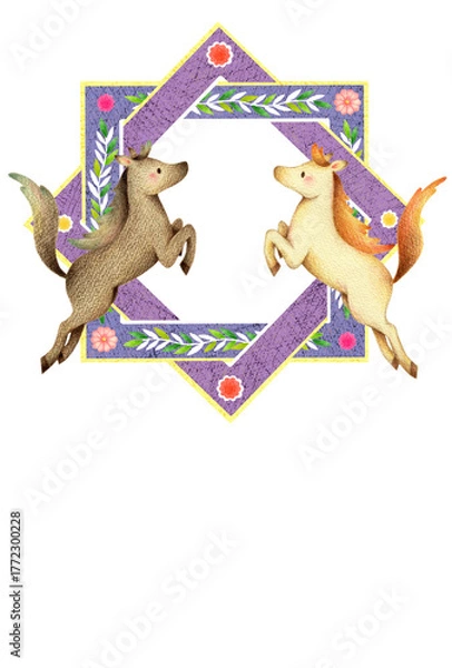 Fototapeta 白馬と黒馬の紋章風の2026年の年賀状　白背景　手描き色鉛筆画