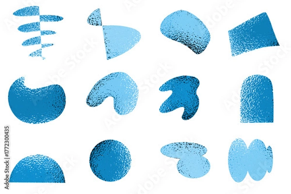 Obraz a collection of twelve abstract blue shapes with a textured, almost watery, surface against a transparent background. labels, logos. Decorative design elements, vector illustration.