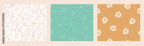 Fototapeta A coordinated collection of seamless floral patterns in soft pastel and earthy tones, featuring minimal flower motifs for fabric, wallpaper, and digital paper design.