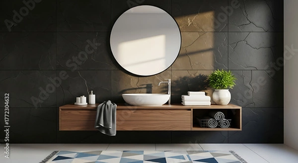 Obraz Modern Minimalist Bathroom Interior with Round Mirror, Floating Vanity, Vessel Sink, and Stylish Décor Elements, 8K image 