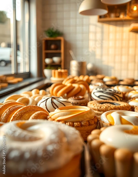 Fototapeta Assortment of Freshly Baked Pastries and Donuts in a Bakery