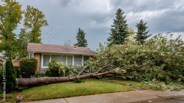Fototapeta Large fallen tree trunk obstructs the front yard and pathway of a suburban residence under a stormy sky