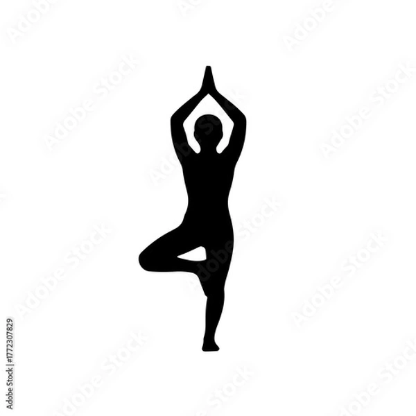Fototapeta Minimalist black and white silhouette icon of a classic yoga pose (Lotus/Tree/Mountain). Perfect for wellness, meditation, fitness, and International Yoga Day designs, emphasizing peace, balance
