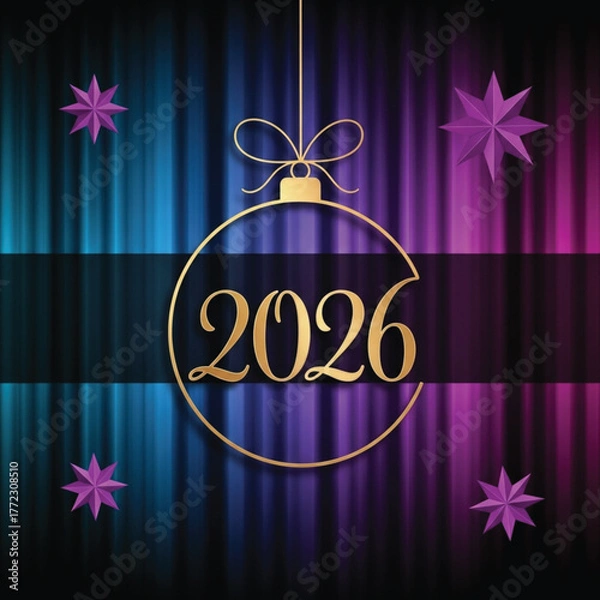 Fototapeta Celebrate the upcoming year with this festive design. A golden ornament hangs against a vibrant backdrop, perfect for new year's cards and invitations.