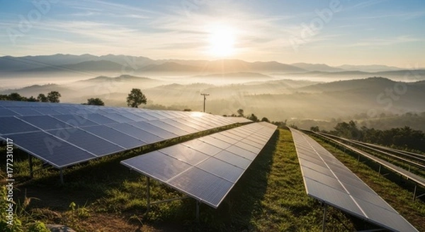 Fototapeta Solar panels in a field at sunrise, with rolling hills and mist in the background, representing renewable energy and sustainability