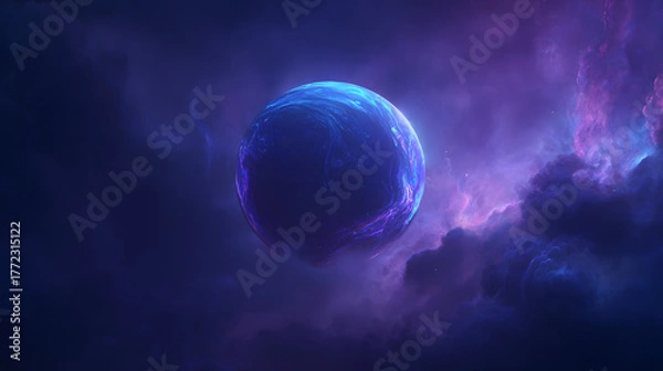 Fototapeta mystical glowing opal planet floating in deep space surrounded by cosmic dust and nebula clouds with iridescent blue and purple cinematic lighting