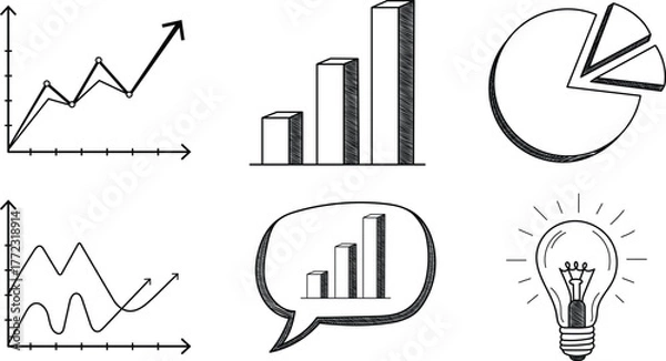 Fototapeta Minimalist hand-drawn set of 6 data visualization and idea icons including line graph, bar chart, pie chart, and lightbulb
