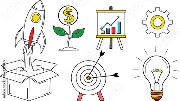 Obraz Vibrant hand-drawn set of business and growth icons, including rocket, money plant, chart board, target, lightbulb, and gear with colorful accents