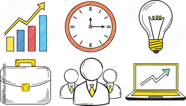 Fototapeta Colorful hand-drawn business icons with bar graph, clock, lightbulb, briefcase, and laptop