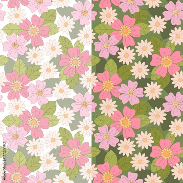 Obraz Spring Flowers and Daisies Repeat on White and Dark Green