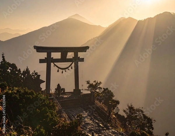 Fototapeta 朝日を浴びる山頂の石の鳥居