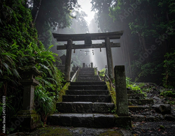 Fototapeta 神秘的な薄暗い森の中の石の鳥居と階段