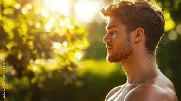 Fototapeta Relaxation Man meditating in a tranquil garden, embracing calmness and mindfulness.
