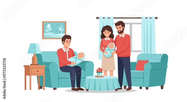 Obraz A family of three holding babies in a living room setting with furniture and decor