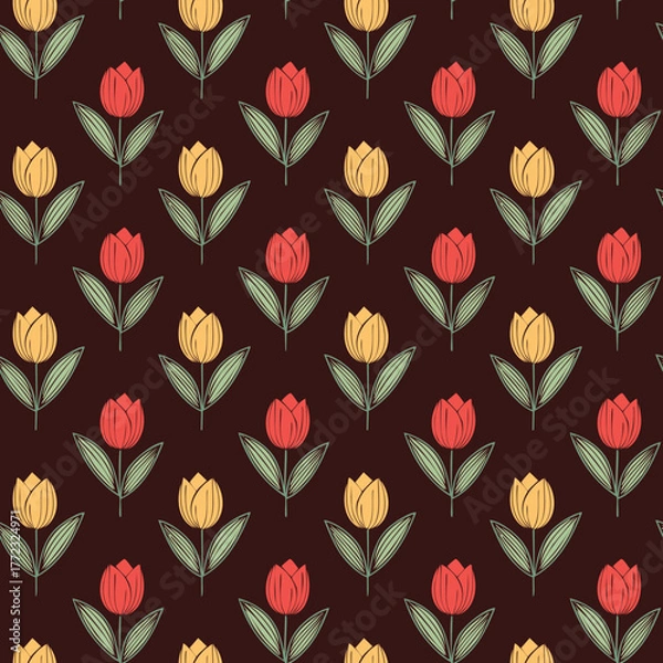 Fototapeta Retro tulip seamless pattern on a brown background