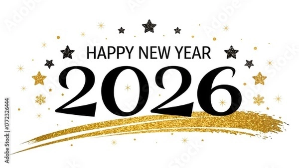 Fototapeta Elegant Black and Gold 'Happy New Year 2026' Calligraphy – Sparkling Glitter Luxe Design