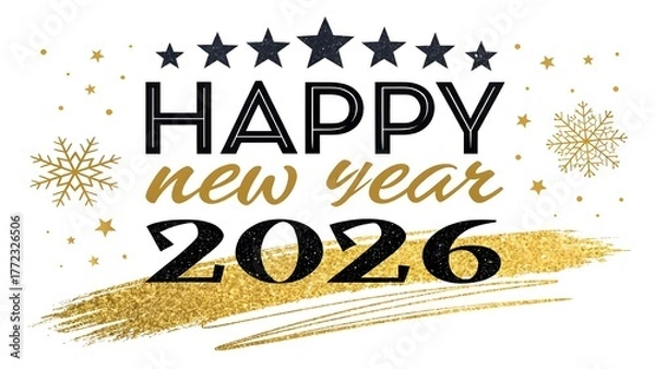 Fototapeta Elegant Black and Gold 'Happy New Year 2026' Calligraphy – Sparkling Glitter Luxe Design