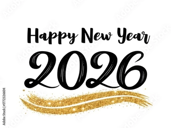 Fototapeta Elegant Black and Gold 'Happy New Year 2026' Calligraphy – Sparkling Glitter Luxe Design