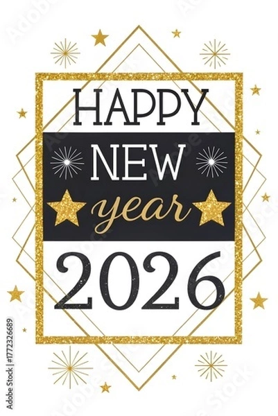 Fototapeta Elegant Black and Gold 'Happy New Year 2026' Calligraphy – Sparkling Glitter Luxe Design