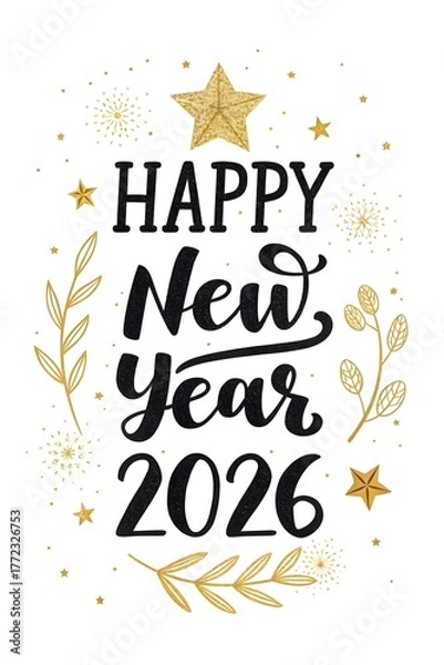 Fototapeta Elegant Black and Gold 'Happy New Year 2026' Calligraphy – Sparkling Glitter Luxe Design