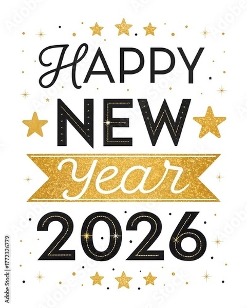 Fototapeta Elegant Black and Gold 'Happy New Year 2026' Calligraphy – Sparkling Glitter Luxe Design