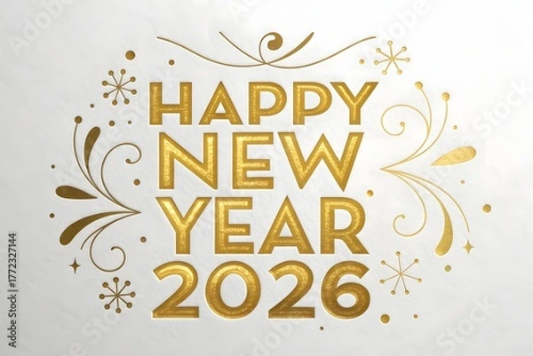 Fototapeta Luxurious Gold Foil 'Happy New Year 2026' Calligraphy – Shiny Metallic Gloss Effect