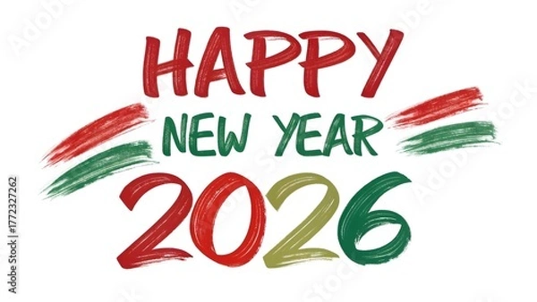 Fototapeta Vibrant Red and Green 'Happy New Year 2026' Brush Stroke Calligraphy – Bold Festive Design