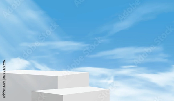 Obraz 3D vector podium mockup with bright sky and clouds background. Perfect for product presentation, cosmetic branding or showcase scenes. Clean, modern, and realistic lighting for elegant visuals.