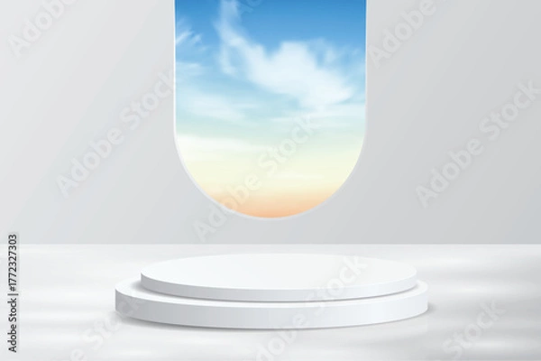 Obraz 3D vector podium mockup with bright sky and clouds background. Perfect for product presentation, cosmetic branding or showcase scenes. Clean, modern, and realistic lighting for elegant visuals.
