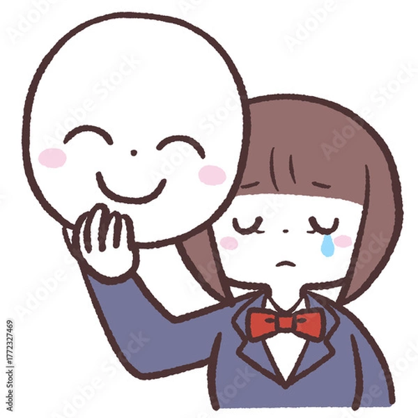 Obraz 笑顔の仮面を持って泣いている女の子のイラスト