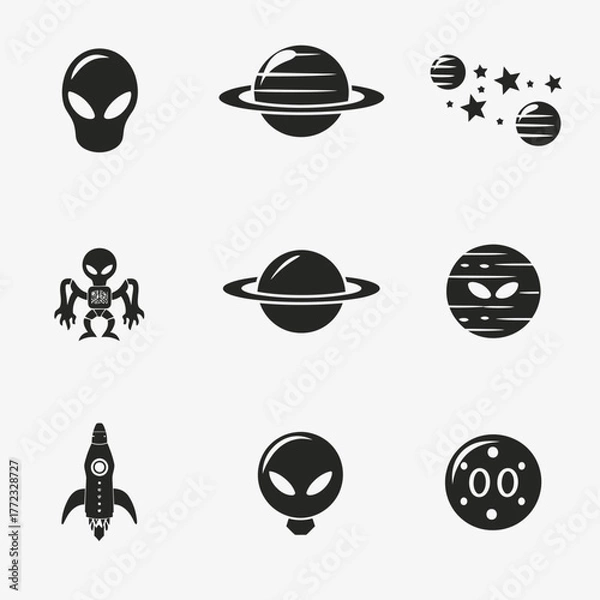 Obraz Monochromatic vector space icons set featuring alien heads, ringed planets, starry celestial bodies, and a rocket ship. Sci-fi graphics.