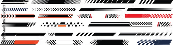 Fototapeta Racing cars and race car stripes set. Checkered flag, motocross labels, dynamic lines, motorsport, racing stripe speed, sport decals, tuning stickers.Hood rally racing stripes icon vector set.