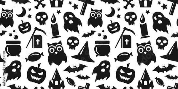 Fototapeta Happy Halloween. Vector seamless pattern in black and white colors with pumpkin, bats, ghost and skull icons.