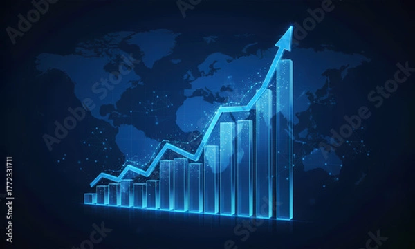 Fototapeta Business Growth Concept: Holographic Bar Chart with Upward Arrow and Digital World Map