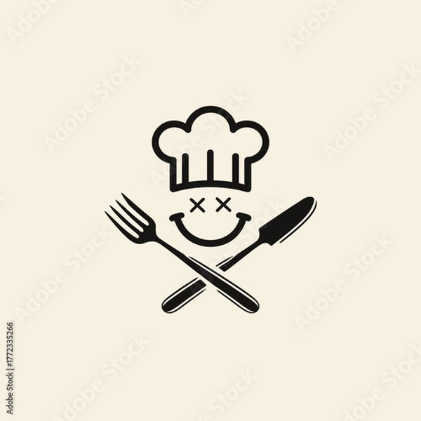 Obraz Playful chef hat icon with crossed cutlery and funny X-eyed smiley face, perfect for restaurant, food, or culinary design.