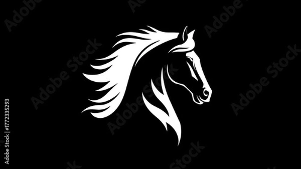Obraz Elegant white horse head silhouette with flowing mane on a black background. Dynamic equine animal logo concept symbolizing strength and freedom.
