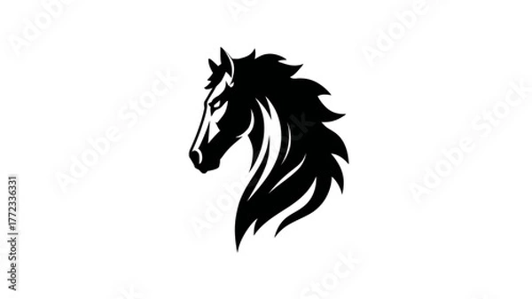 Obraz Majestic black horse head silhouette with flowing mane, powerful equestrian animal illustration, graphic design element on white background.