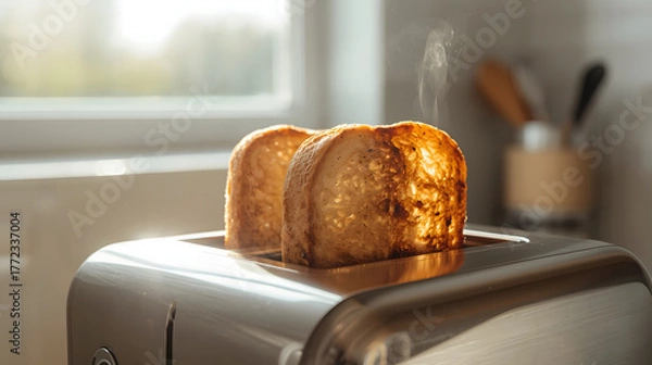 Obraz Close-up of freshly toasted bread slices emerging from a modern toaster, with steam.