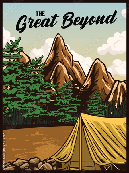 Fototapeta 
Posters featuring various outdoor themes such as lakes and mountain exploration are on display.