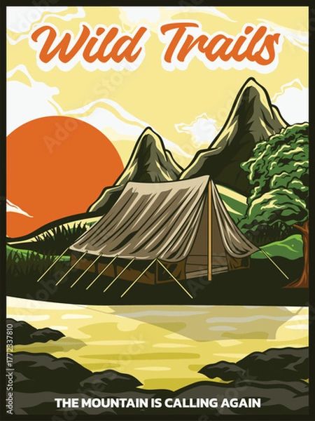 Fototapeta 
Posters featuring various outdoor themes such as lakes and mountain exploration are on display.