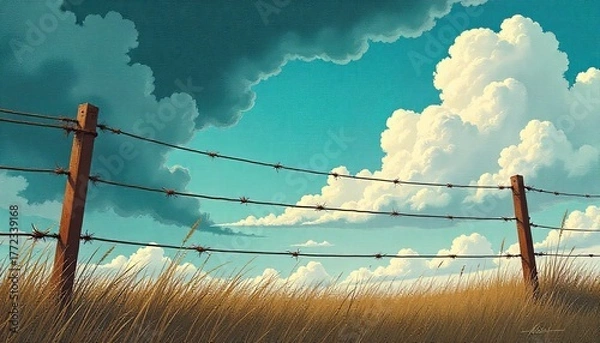 Obraz barbed wire fence and clouds