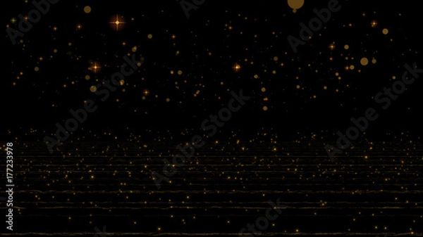 Fototapeta Bokeh Golden glowing star particle in random direction with bounce on spotlight ground abstract black background animation motion, dust background