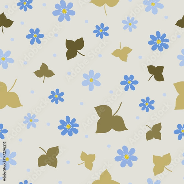 Fototapeta Blossoms of Hepatica and leaves seamless pattern. Botanical seamless pattern.