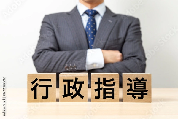Obraz 「行政指導」と書かれたブロックと腕組みをするビジネスマン