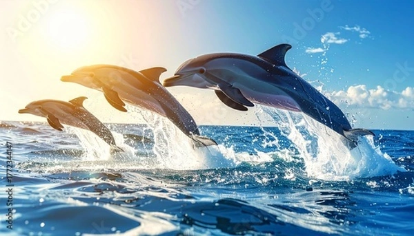 Obraz Three Dolphins Leaping from Ocean Waves at Sunset