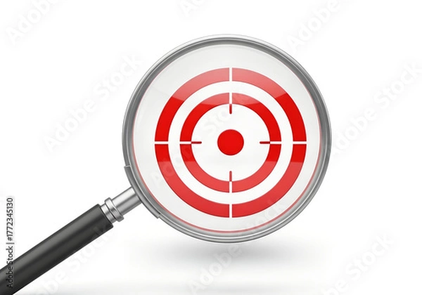 Fototapeta Magnifying glass focusing on red target symbol representing business goals, marketing strategy, precision success, and achievement concept