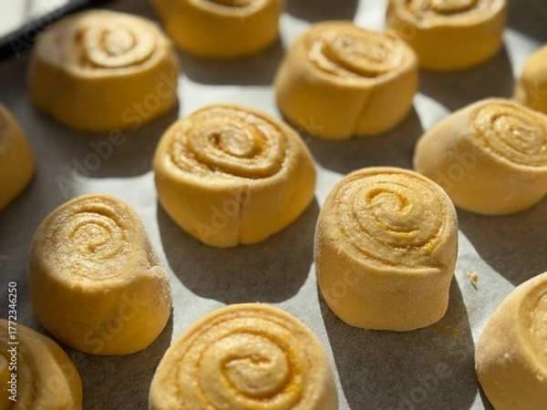 Obraz Freshly baked cinnamon rolls on a baking tray, golden and soft sweet buns.